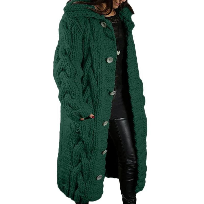 Women's longline cable-knit hooded cardigan with button front