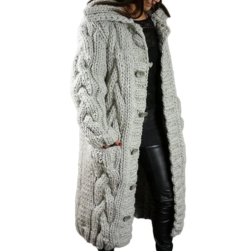 Women's longline cable-knit hooded cardigan with button front