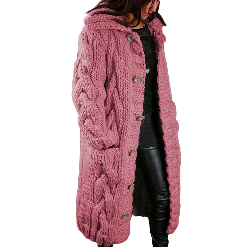 Women's longline cable-knit hooded cardigan with button front