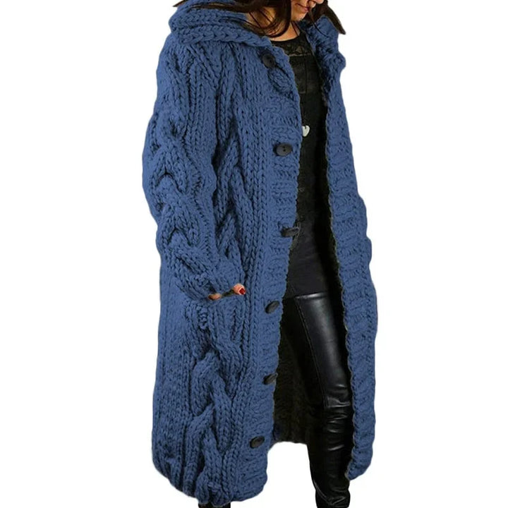 Women's longline cable-knit hooded cardigan with button front