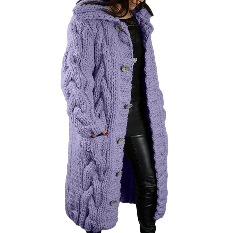 Women's longline cable-knit hooded cardigan with button front