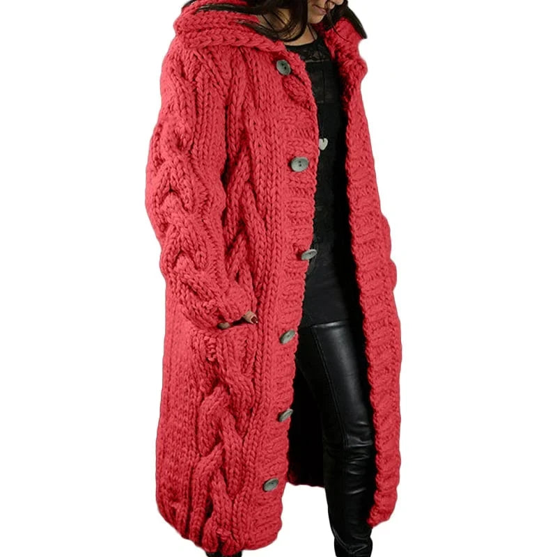 Women's longline cable-knit hooded cardigan with button front