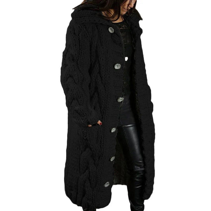 Women's longline cable-knit hooded cardigan with button front