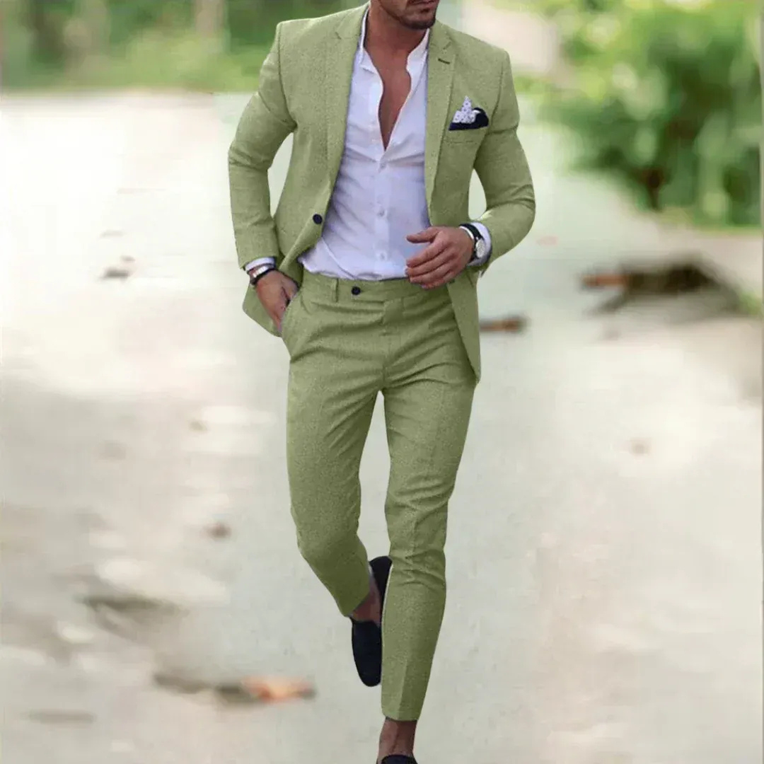 Men's slim fit two-piece suit with notched lapels and tapered trousers