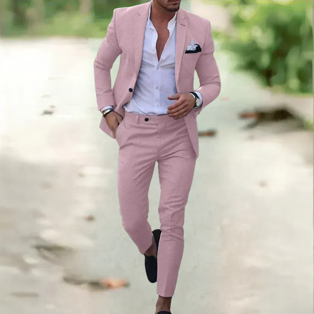 Men's slim fit two-piece suit with notched lapels and tapered trousers