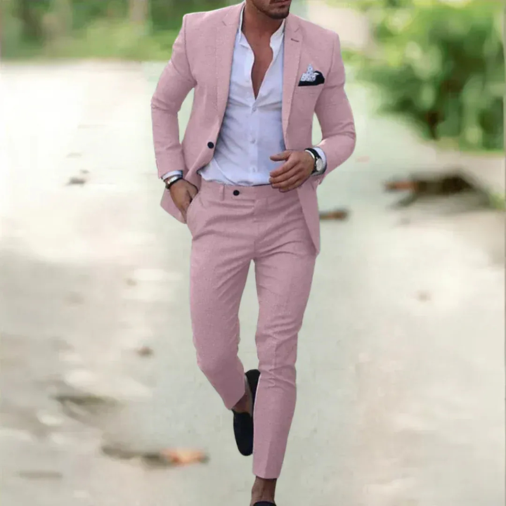 Men's slim fit two-piece suit with notched lapels and tapered trousers