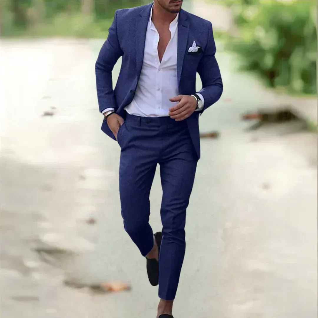 Men's slim fit two-piece suit with notched lapels and tapered trousers