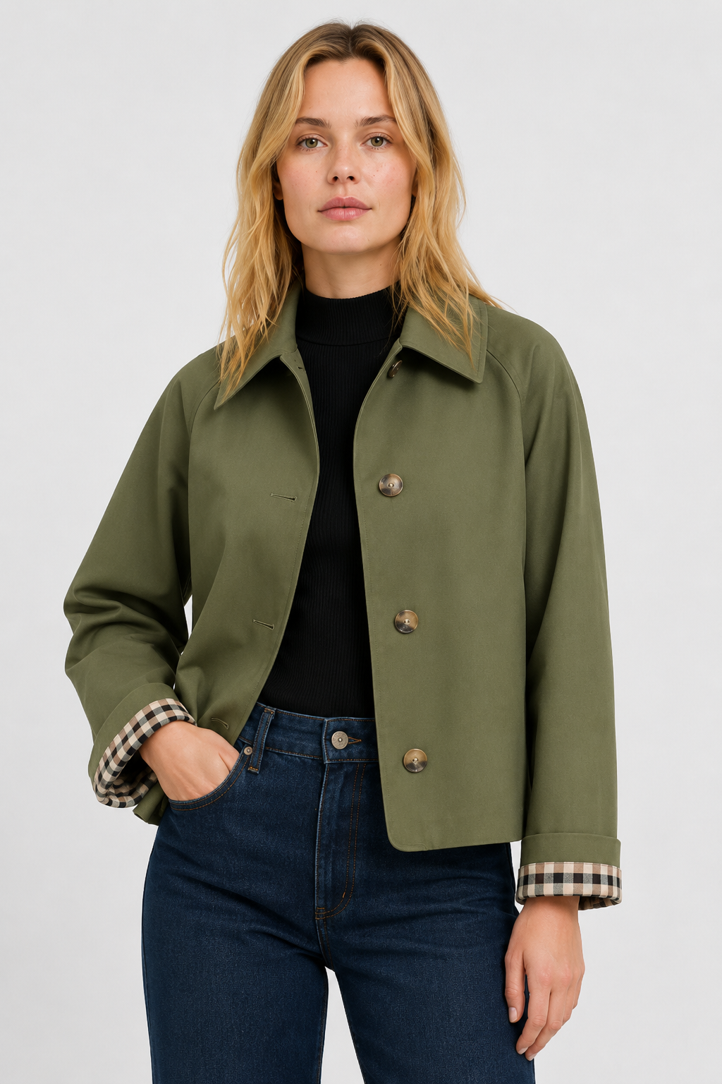 Women's trench jacket with pointed collar, button front and checked cuff lining