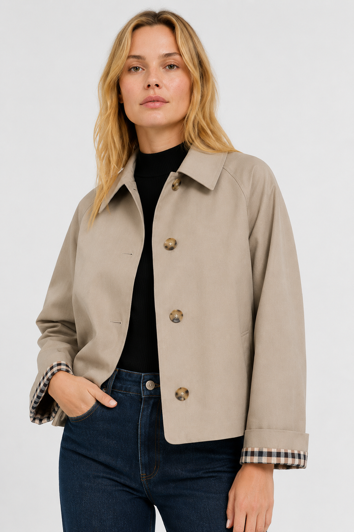 Women's trench jacket with pointed collar, button front and checked cuff lining