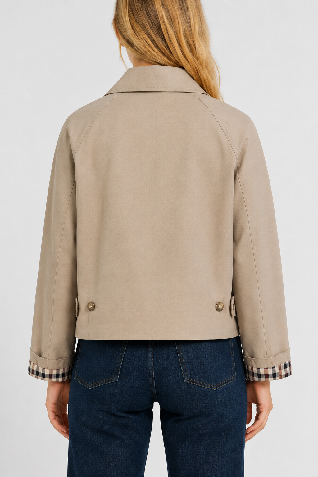 Women's trench jacket with pointed collar, button front and checked cuff lining