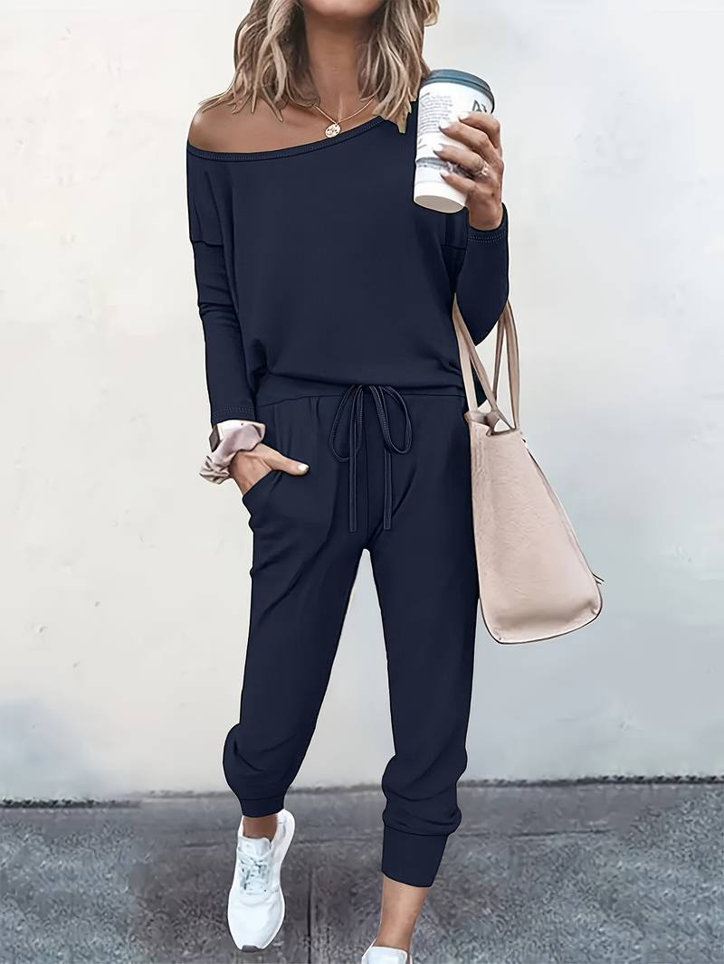 Women's Off-Shoulder Top & Joggers Two-Piece Set Two Piece Set in Grey - View 2 | Bellmere