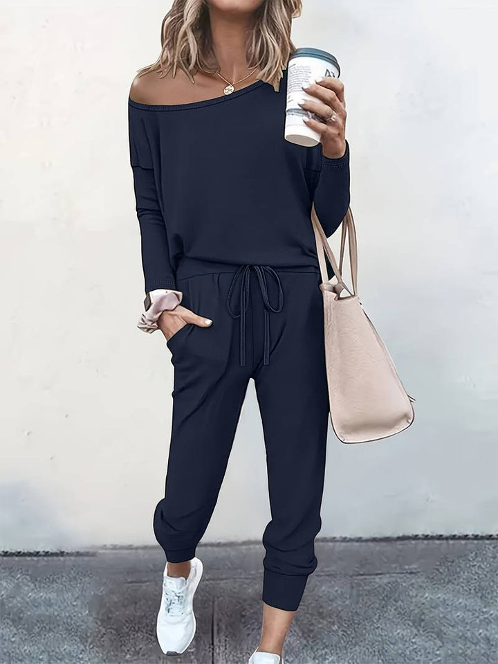 Women's Off-Shoulder Top & Joggers Two-Piece Set Two Piece Set in Grey - View 2 | Bellmere