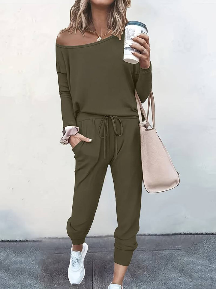 Women's Off-Shoulder Top & Joggers Two-Piece Set Two Piece Set in Grey - View 3 | Bellmere