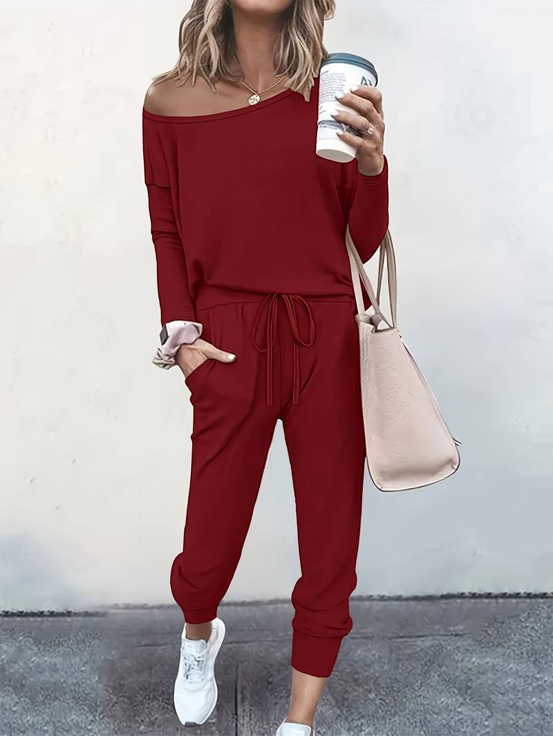 Women's Off-Shoulder Top & Joggers Two-Piece Set Two Piece Set in Grey - View 5 | Bellmere