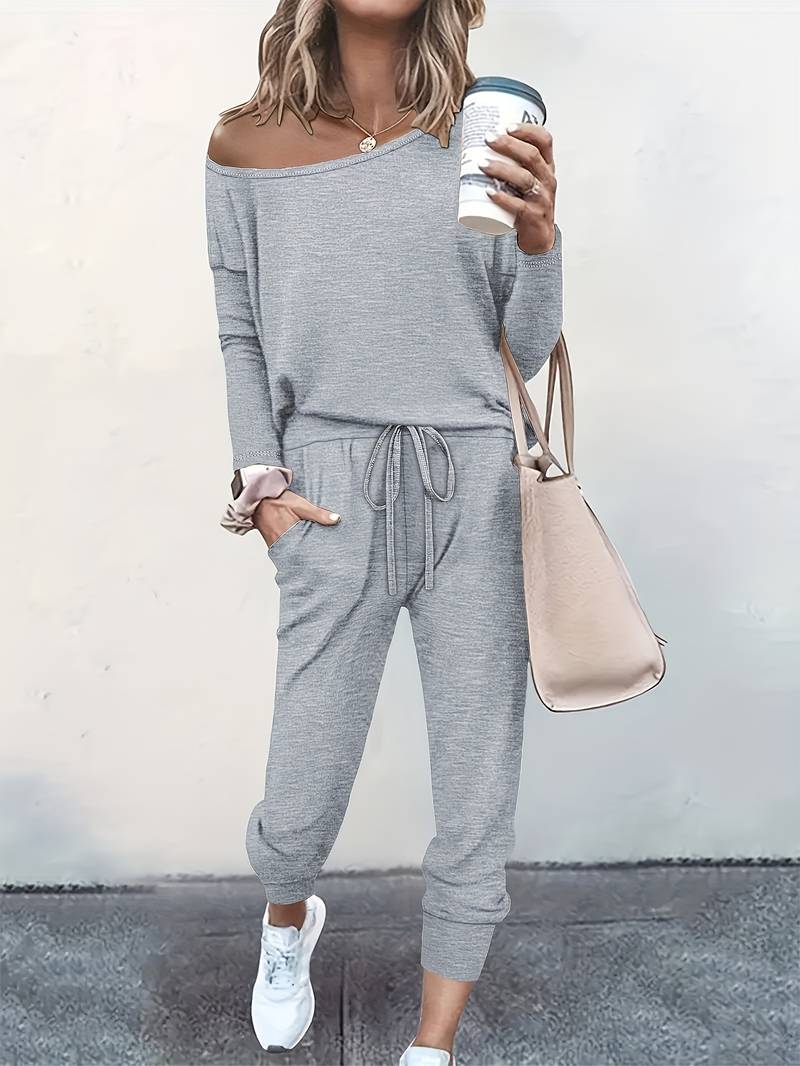 Women's Off-Shoulder Top & Joggers Two-Piece Set Two Piece Set in Grey | Bellmere