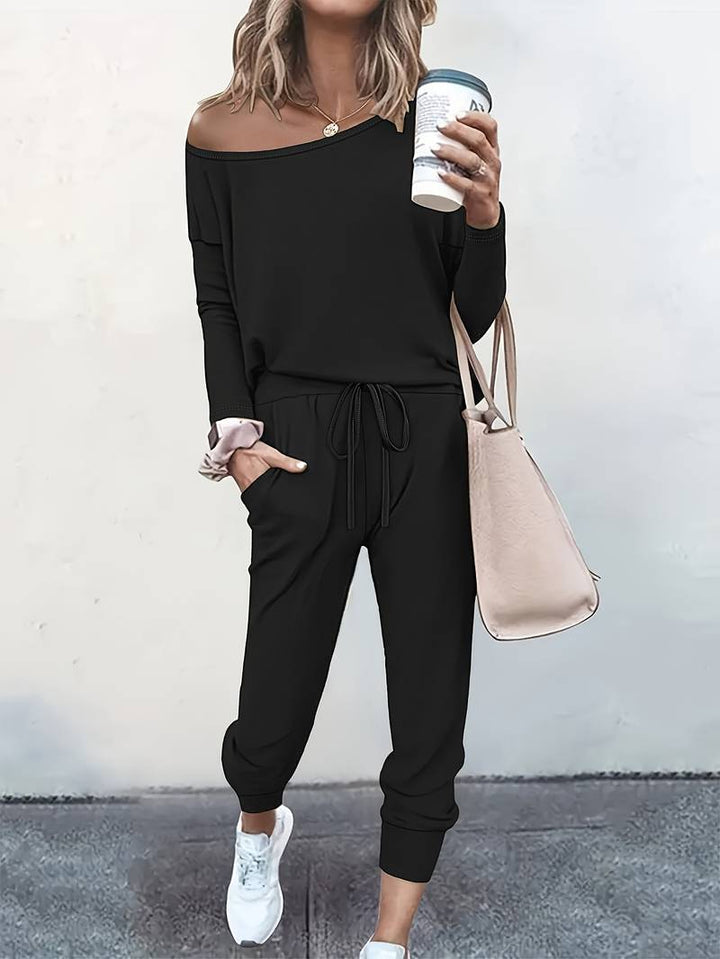 Women's Off-Shoulder Top & Joggers Two-Piece Set Two Piece Set in Grey - View 4 | Bellmere