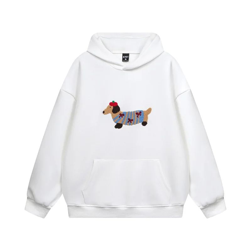 Women's pullover hoodie with dog graphic, hood, long sleeves and kangaroo pocket