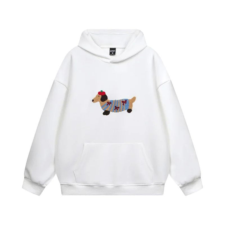 Women's pullover hoodie with dog graphic, hood, long sleeves and kangaroo pocket