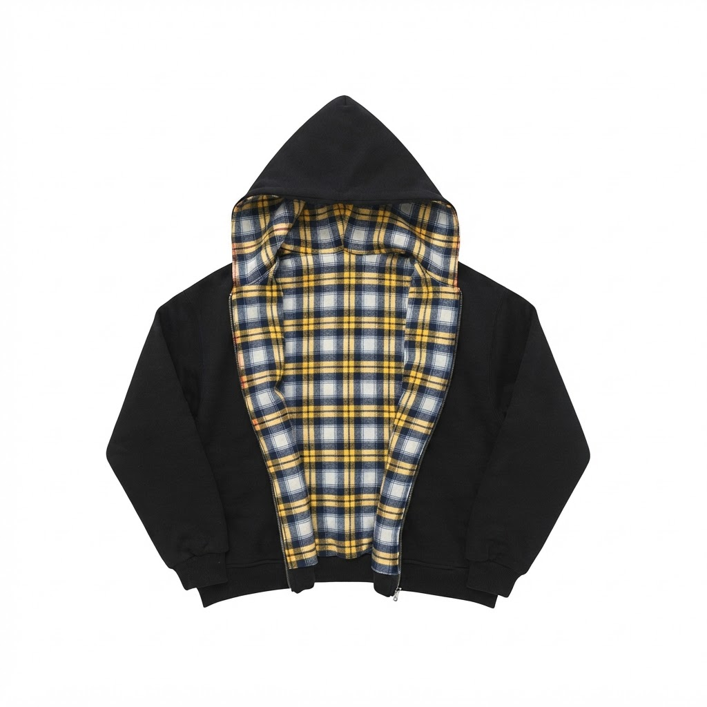 Checked hooded jacket with zip front and contrast plaid lining