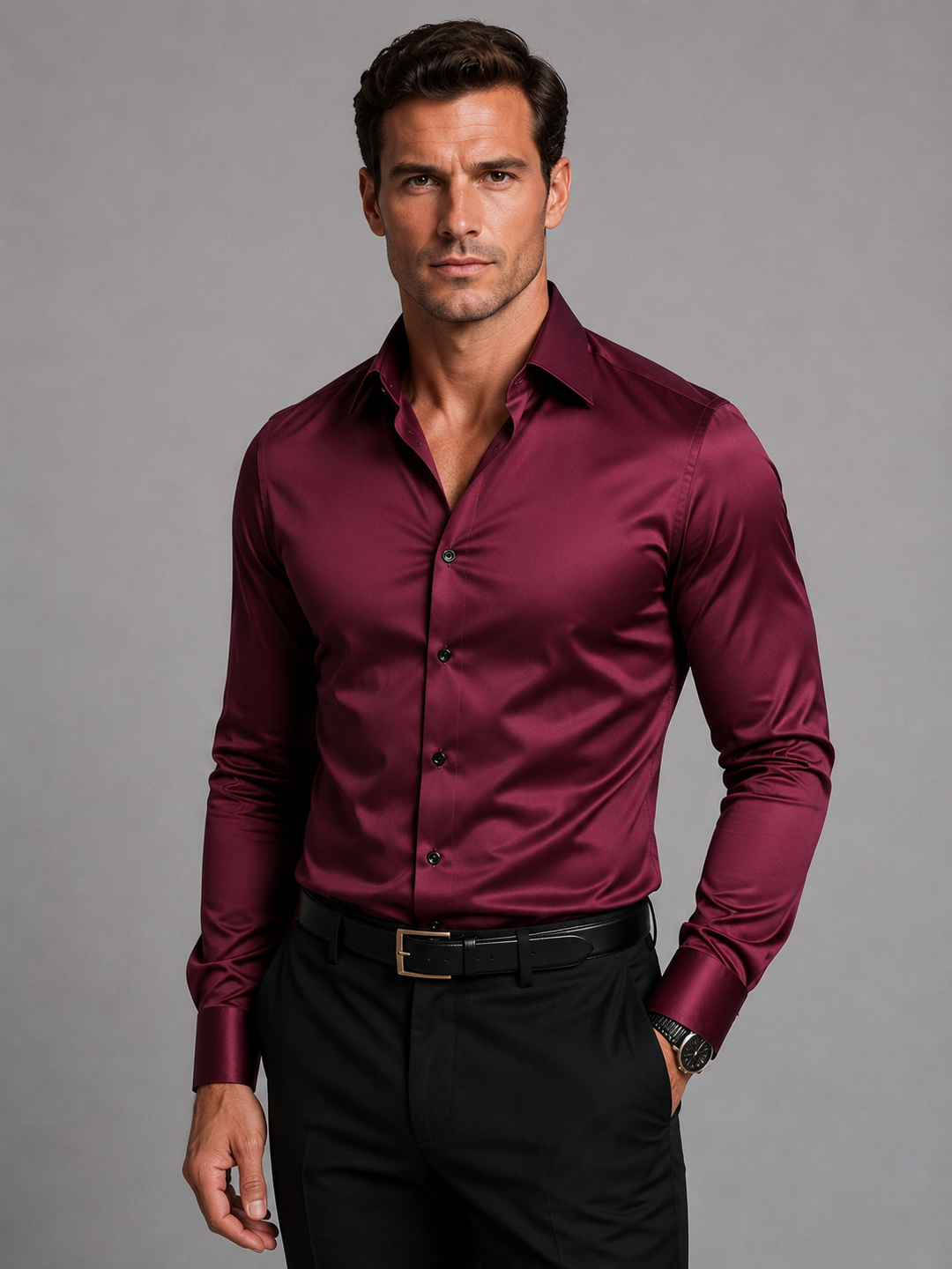 Men's slim fit long sleeve shirt with pointed collar and button front