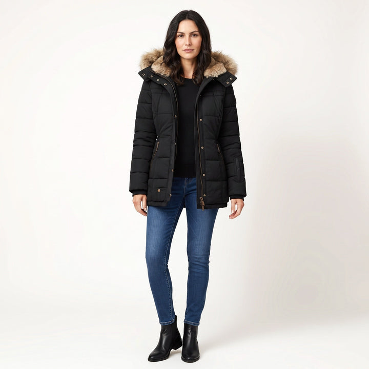 Women's hooded quilted winter coat with faux fur trim and zip pockets