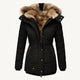 Women's hooded quilted winter coat with faux fur trim and zip pockets