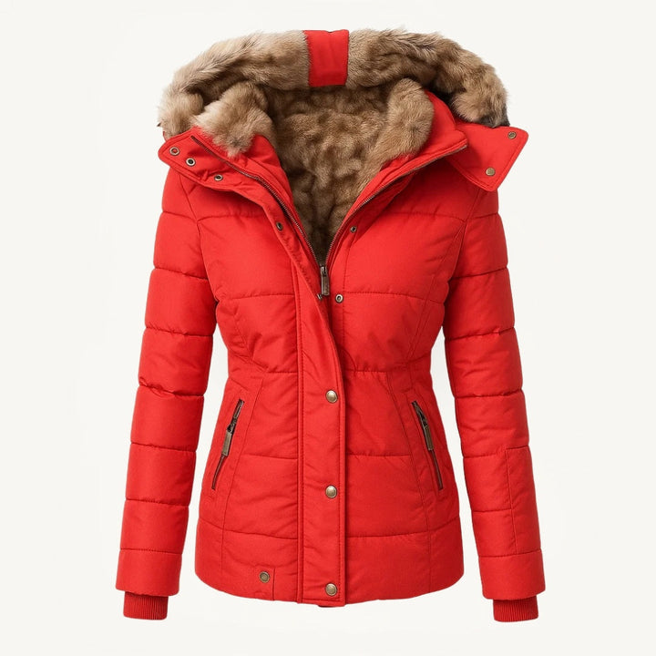 Women's hooded quilted winter coat with faux fur trim and zip pockets