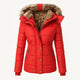 Women's hooded quilted winter coat with faux fur trim and zip pockets