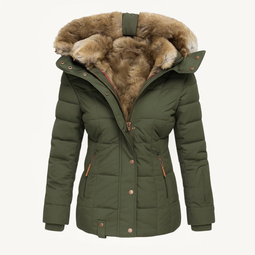 Women's hooded quilted winter coat with faux fur trim and zip pockets