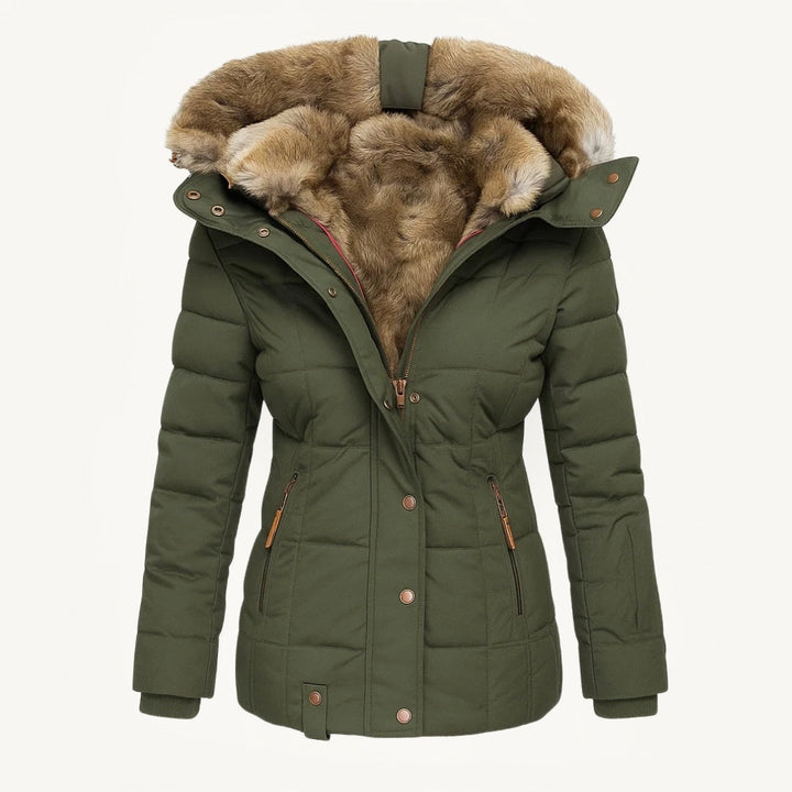 Women's hooded quilted winter coat with faux fur trim and zip pockets