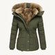 Women's hooded quilted winter coat with faux fur trim and zip pockets