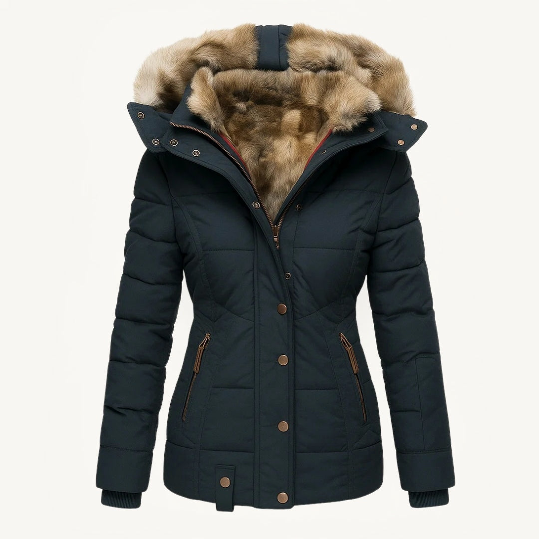 Women's hooded quilted winter coat with faux fur trim and zip pockets
