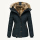 Women's hooded quilted winter coat with faux fur trim and zip pockets