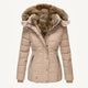 Women's hooded quilted winter coat with faux fur trim and zip pockets