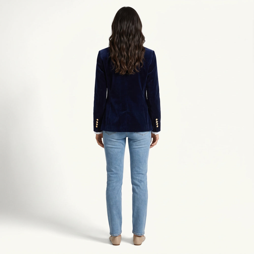 Women's navy velvet blazer with notched lapels and button front