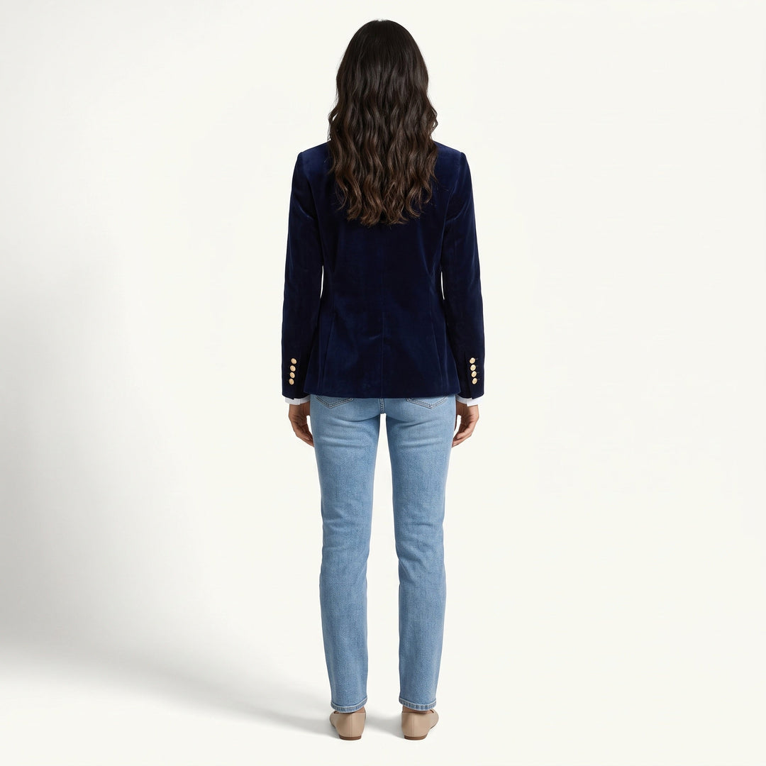 Women's navy velvet blazer with notched lapels and button front