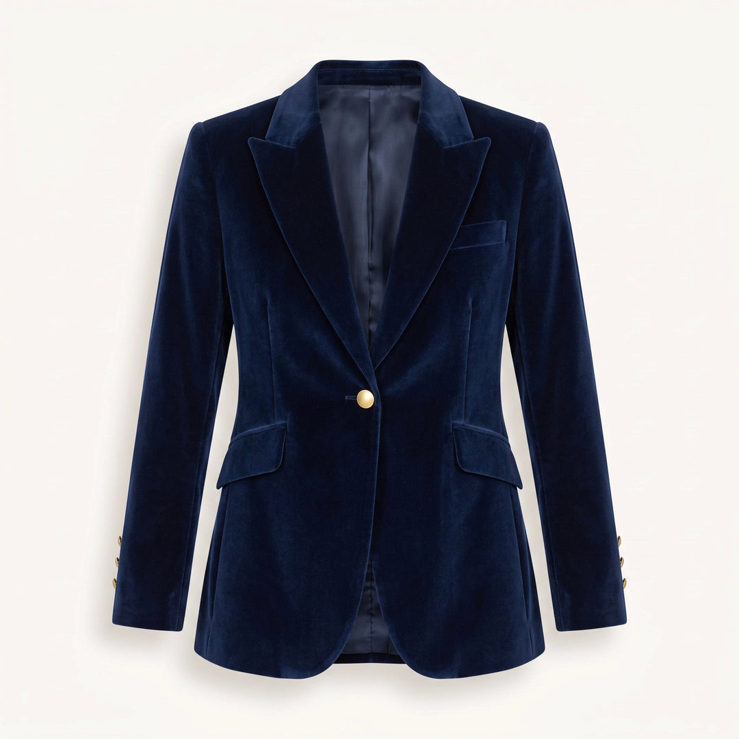Women's navy velvet blazer with notched lapels and button front