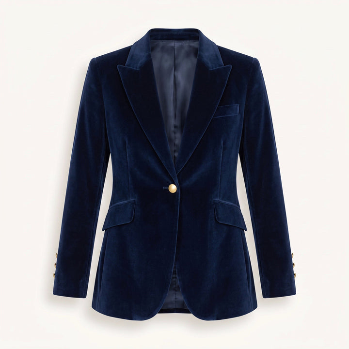 Women's navy velvet blazer with notched lapels and button front