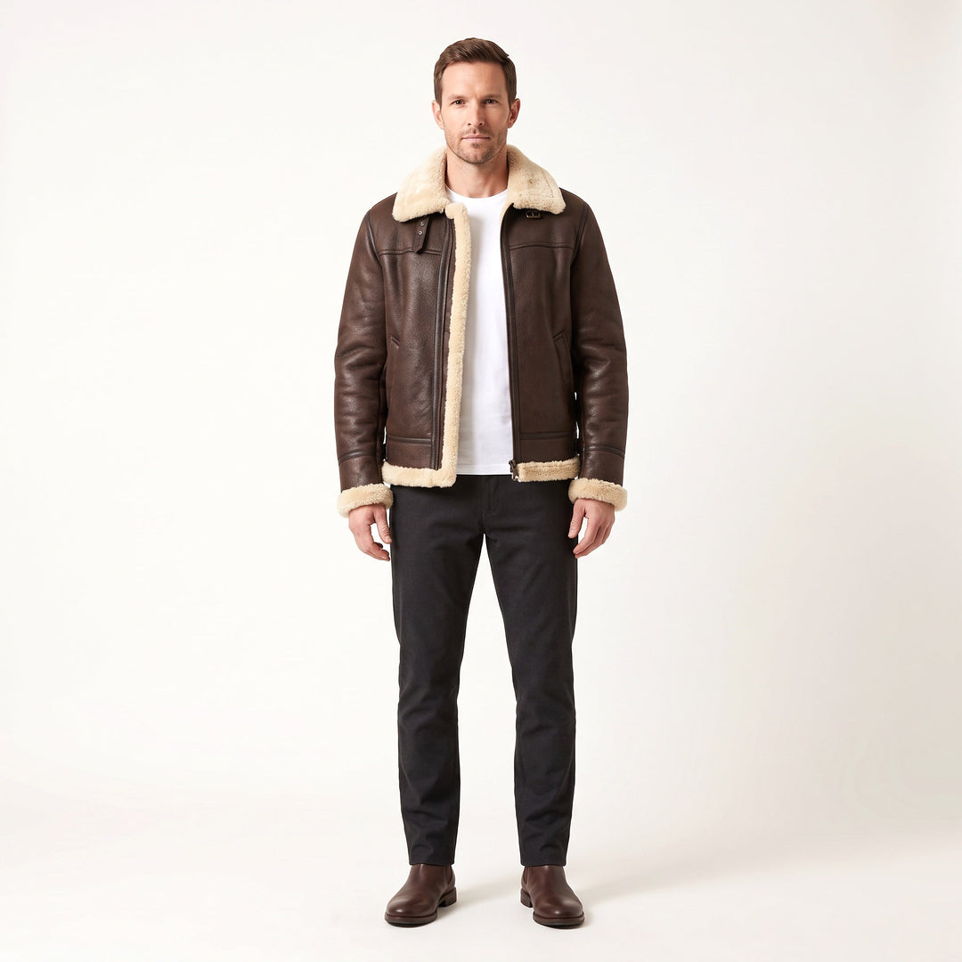 Men's brown jacket with cream shearling-style trim and zip front