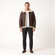 Men's brown jacket with cream shearling-style trim and zip front