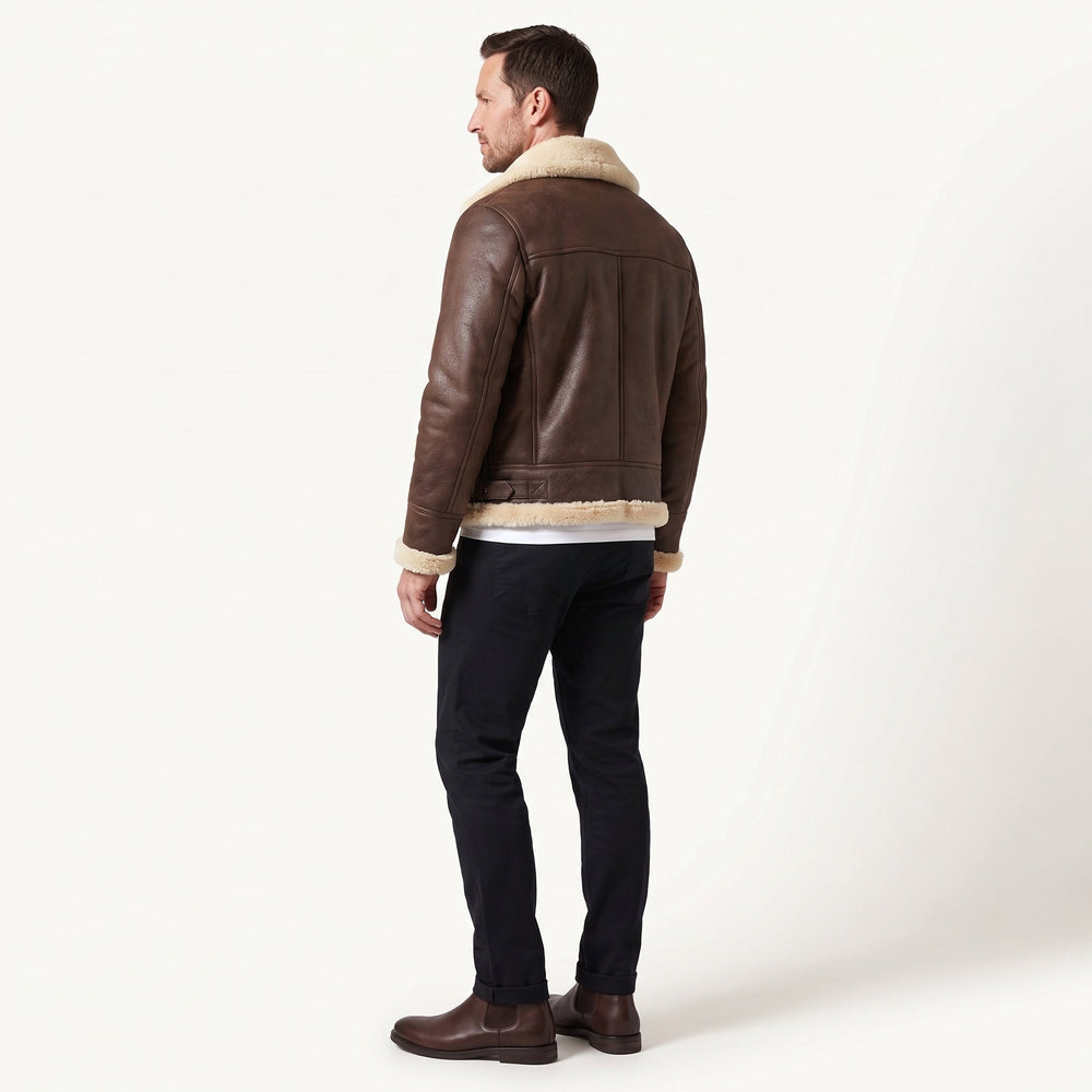 Men's brown jacket with cream shearling-style trim and zip front