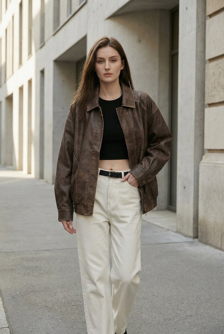 Women's brown oversized faux leather jacket