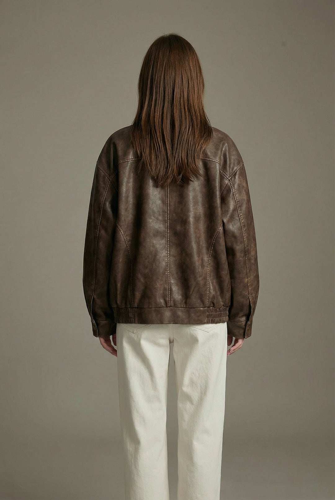 Women's brown oversized faux leather jacket