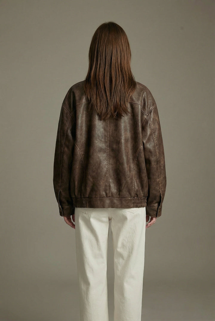 Women's brown oversized faux leather jacket
