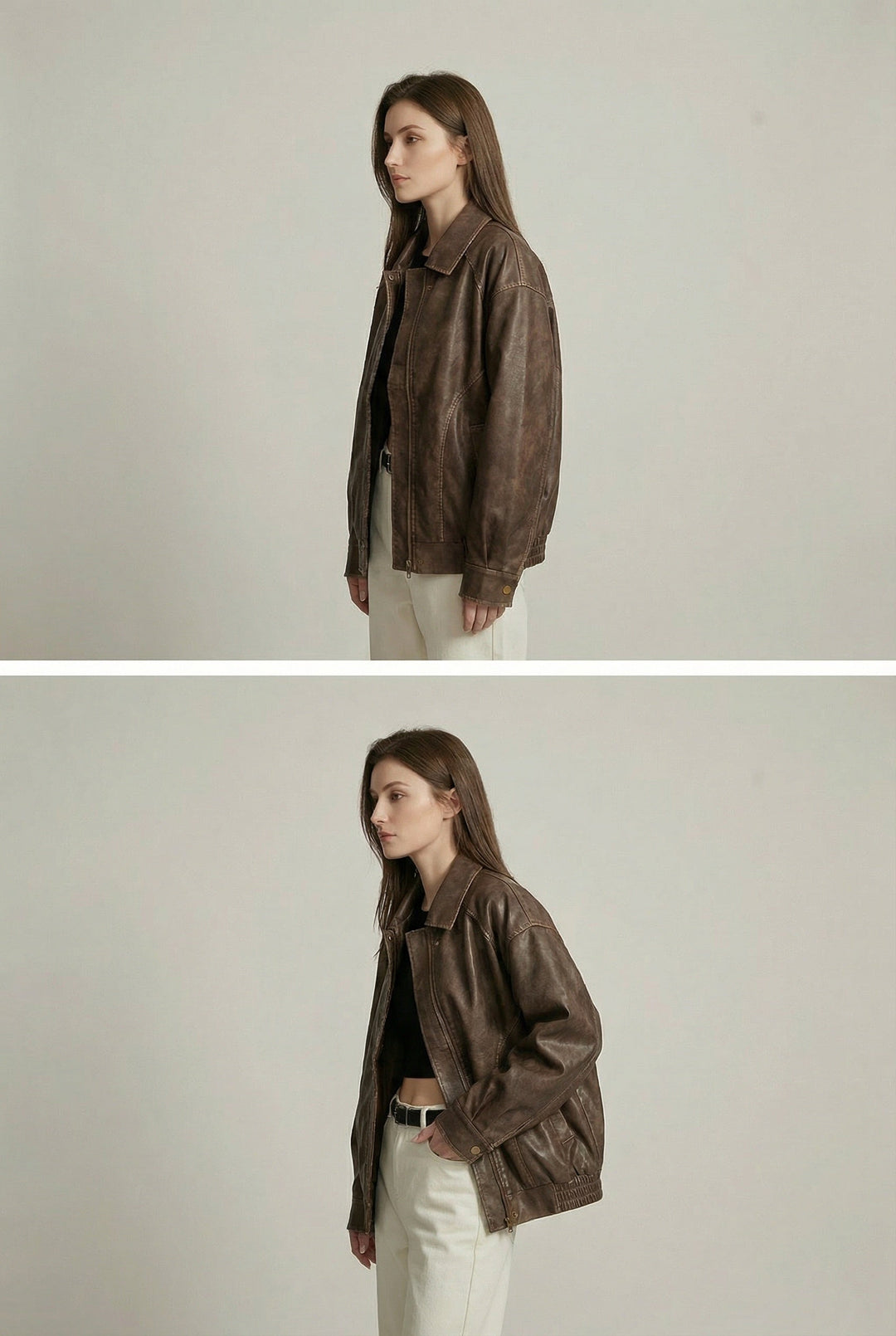 Women's brown oversized faux leather jacket