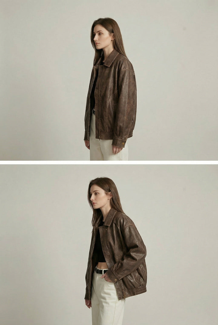 Women's brown oversized faux leather jacket