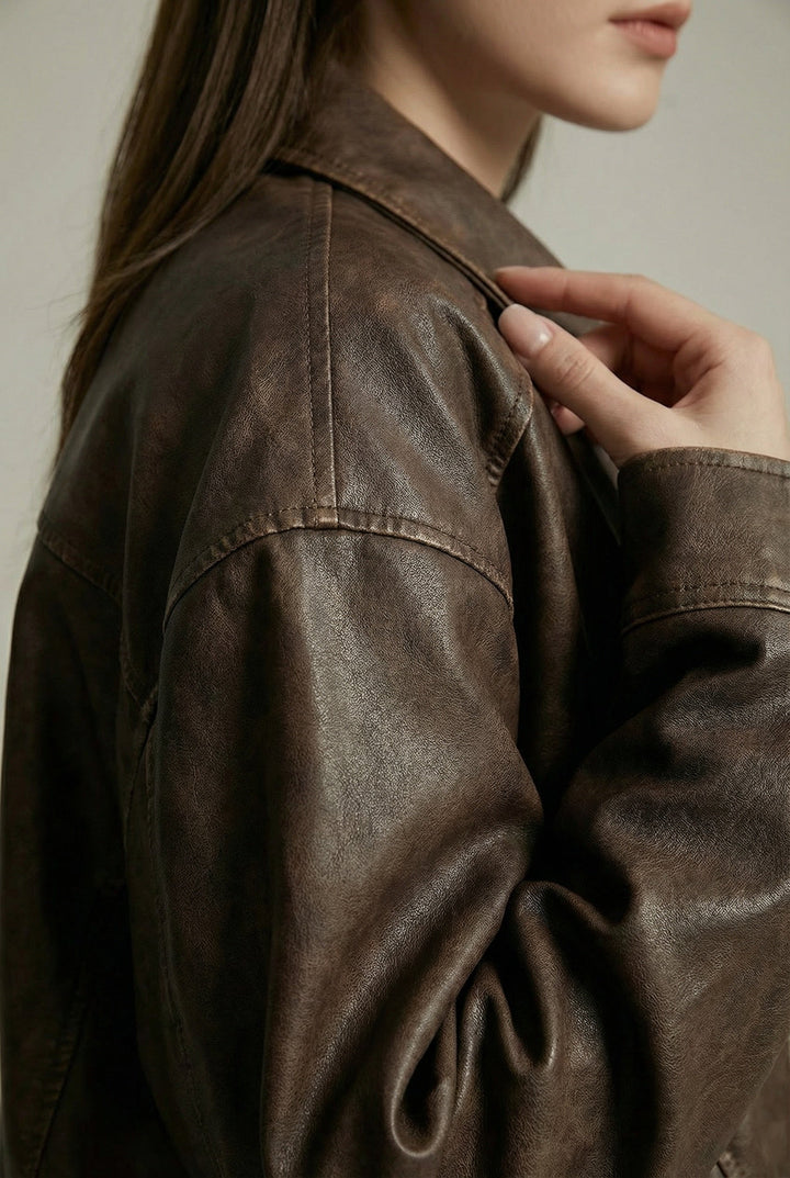 Women's brown oversized faux leather jacket