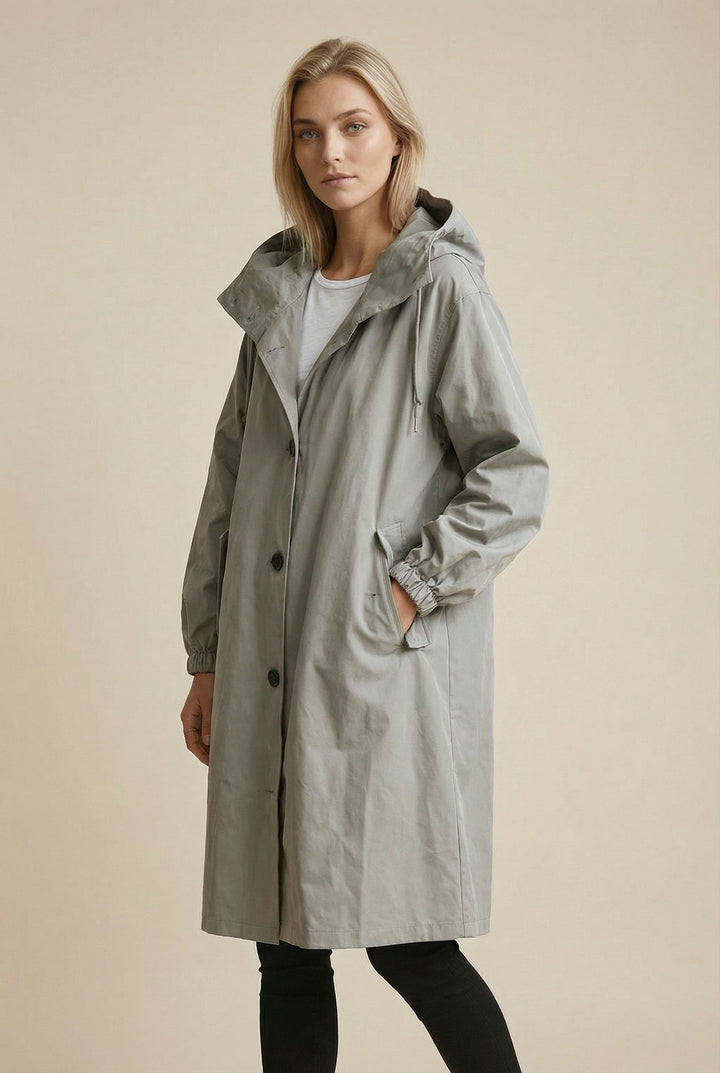 Women's hooded trench coat with buttons, long sleeves and side pockets