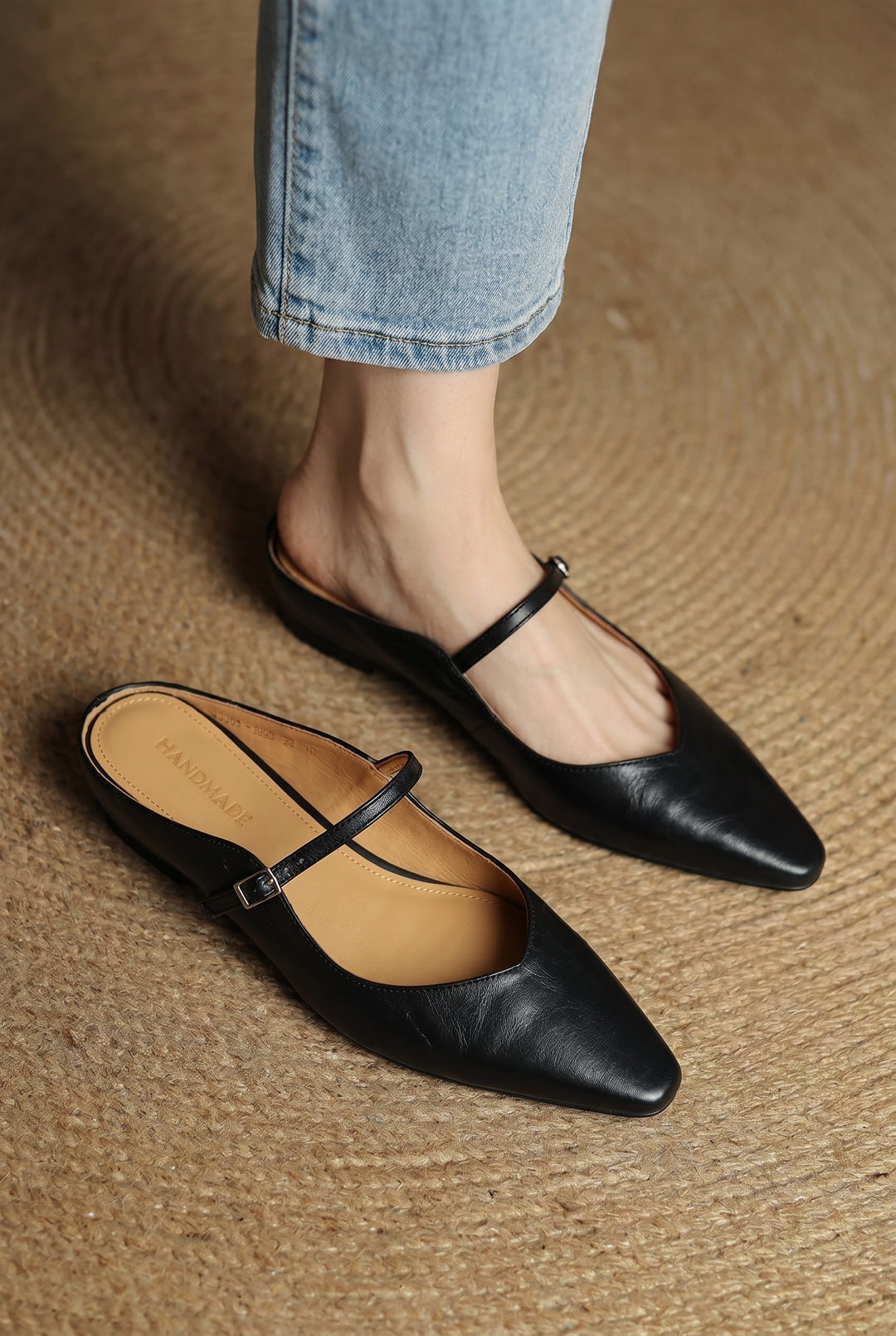 Women's pointed Mary Jane mule flats with buckle strap