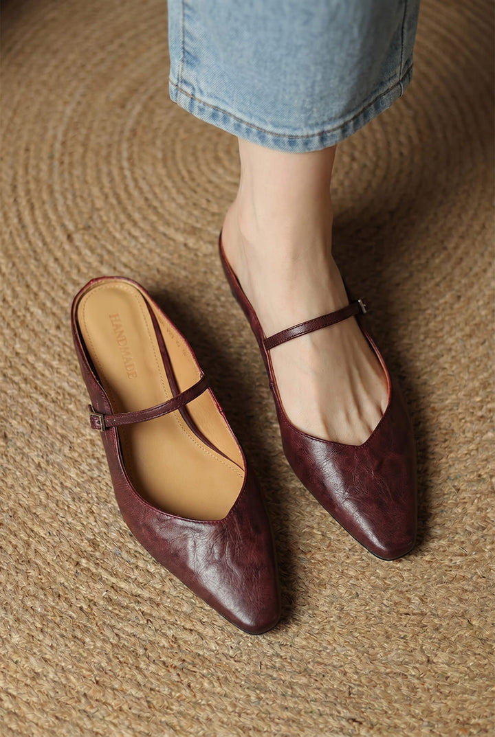 Women's pointed Mary Jane mule flats with buckle strap